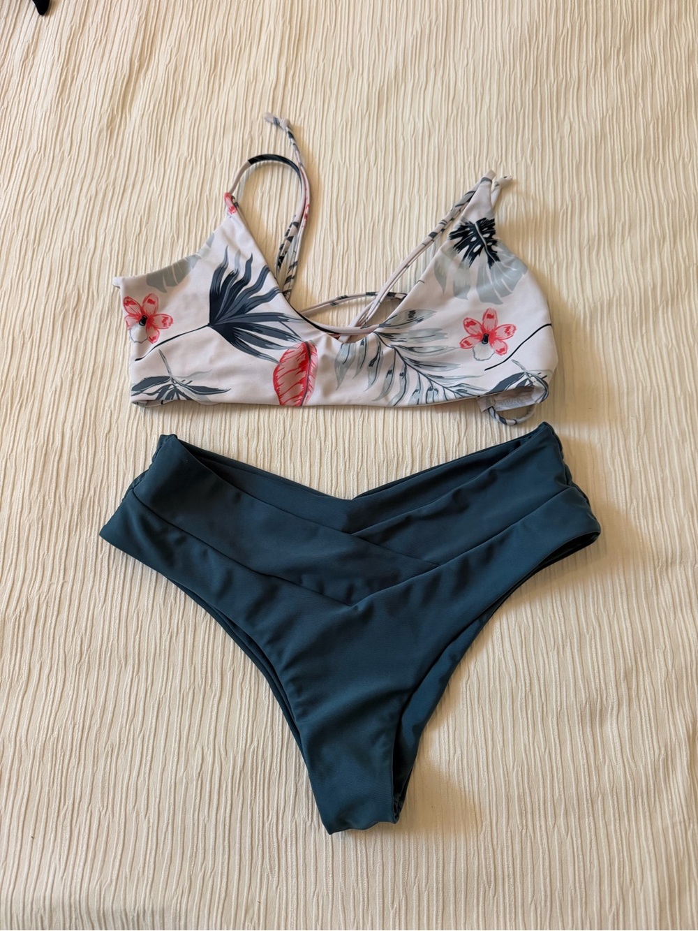 Floral Print Strappy Bikini Top and Deep Teal High-Waist Bottoms - Women Swim